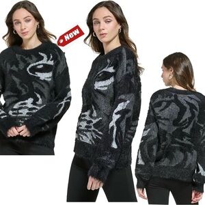 DKNY Long Sleeve sequin Tiger Eye warm Sweater Sz M NWT black gray